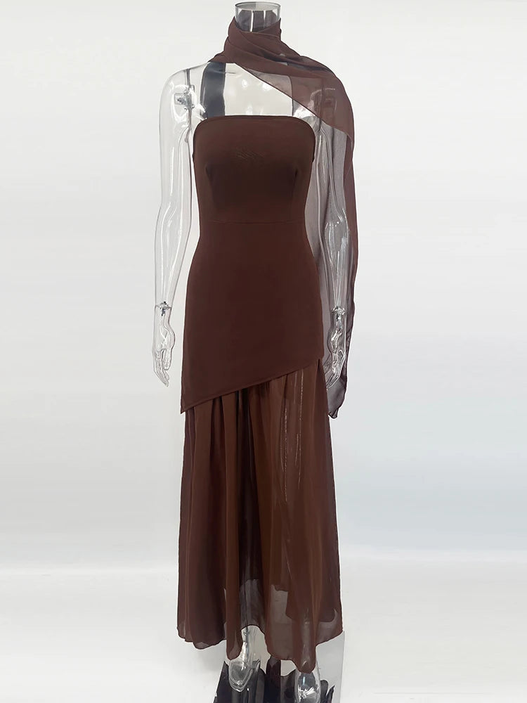 TARUXY Mode Trägerloses Kleid mit Band Frauen Elegantes Ärmelloses Mesh Strand Urlaub Langes Kleid Frühling 2025 Neues Damenkleid