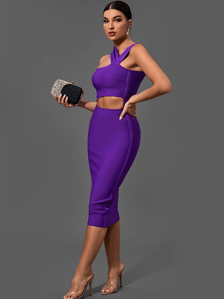 Bandage-Kleider für Damen 2022 Lila Bodycon-Kleid Abendparty Elegant Sexy Cut Out Midi Geburtstag Club Outfit Sommer Neu