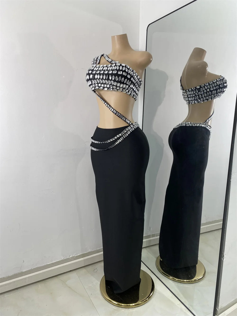 Luxus Kristall Diamanten Top Rock Zweiteiler Damen Bandage Sets Weiß Schwarz Gestrickt Celebrity Abend Geburtstag Party Outfit