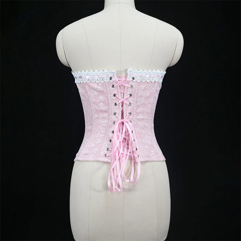 Sexy Women Pink Overbust Corset Crop Top Sweet Lace Patchwork Slim Fit Strapless Bustier Chic Party Summer Clothes Streetwear