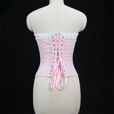 Sexy Women Pink Overbust Corset Crop Top Sweet Lace Patchwork Slim Fit Strapless Bustier Chic Party Summer Clothes Streetwear
