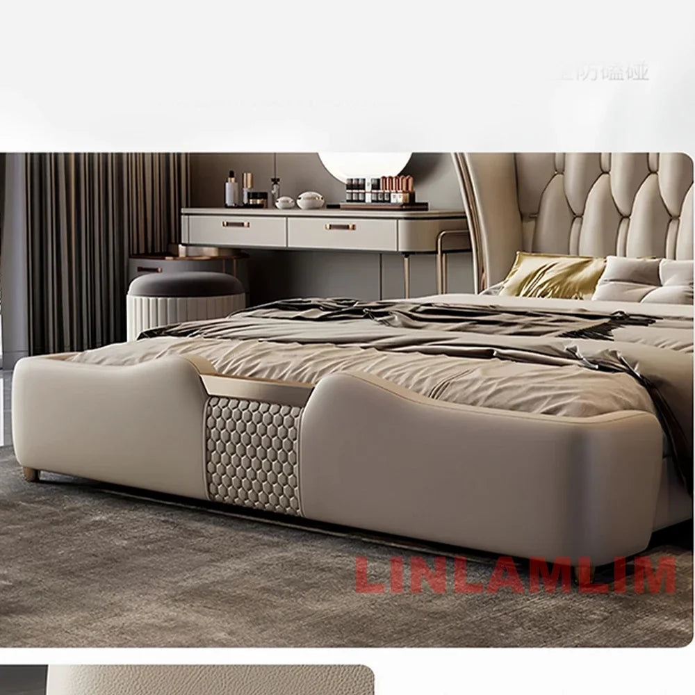 MINGDIBAO Luxuriöses, modernes Polsterbettgestell mit Goldakzenten, Designer-Bett aus echtem Leder, Schlafzimmermöbel in Queen-/King-Size