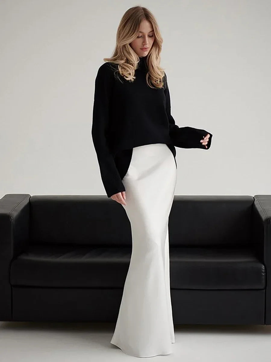 Wolfeel Freizeit Satin Damenrock Frühling Sommer Mode Locker Hoher Bund Maxi Röcke Elegant Einfacher Satin-Fischschwanzrock