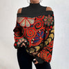 2024Damen Langarm Rollkragenpullover Damen Sexy schulterfrei ausgehöhlte lockere bedruckte T-Shirts 2024 Herbst Mode T-Shirt Top
