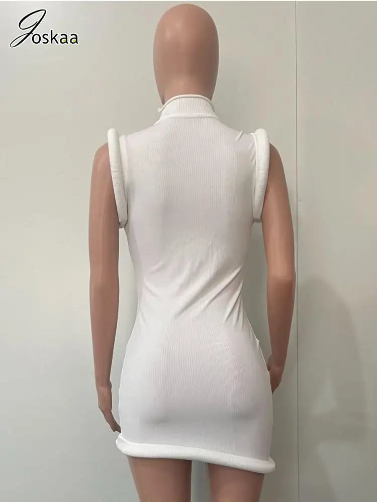 Joskaa Elegant Solid Stand Collar Sleeveless Bodycon Irregular Mini Dress for Women 2024 Summer Evening Birthday Party Clubwear