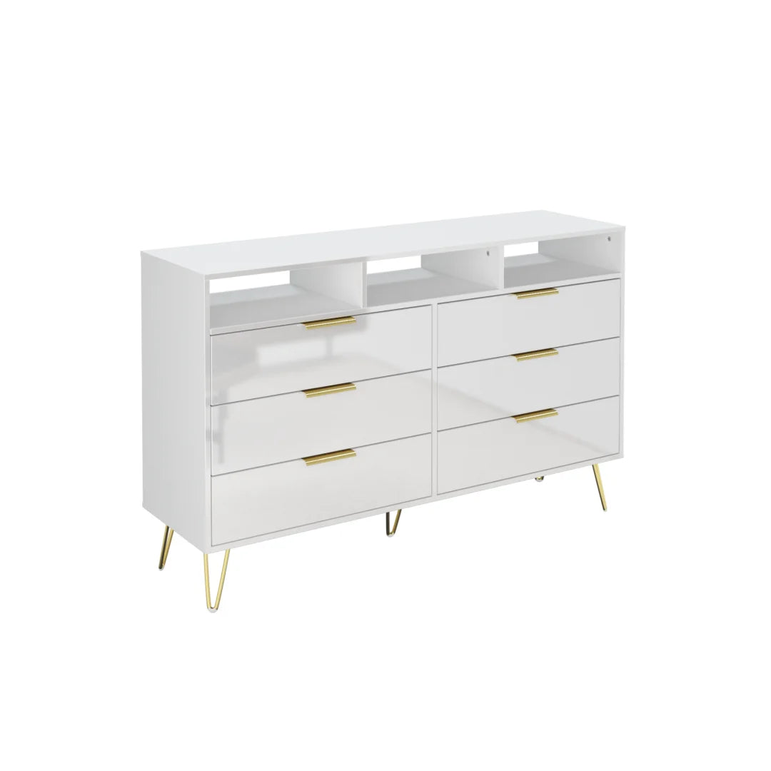 Kommode mit 6 Schubladen für Schlafzimmer mit LED-Beleuchtung, Hochglanz-Kommode mit Metallfüßen, moderner Holzschrank-Aufbewahrungsorganisator