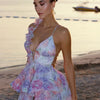 Damen Batik 3D Blumen Tief V-Ausschnitt ausgestellte Ärmel Minikleider Mode Slim Bedruckt Mehrfachfalten Vestidos Neue Damen Urlaubskleidung