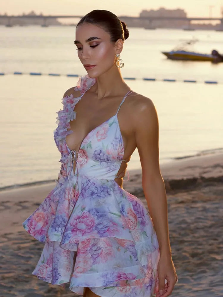 Damen Batik 3D Blumen Tief V-Ausschnitt ausgestellte Ärmel Minikleider Mode Slim Bedruckt Mehrfachfalten Vestidos Neue Damen Urlaubskleidung