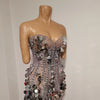 Sparkly Gold Rhinestone Sequins Sexy Strapless Mesh See Through Mini Dress Women Eveing Birthday Party Nightclub Stage Costume