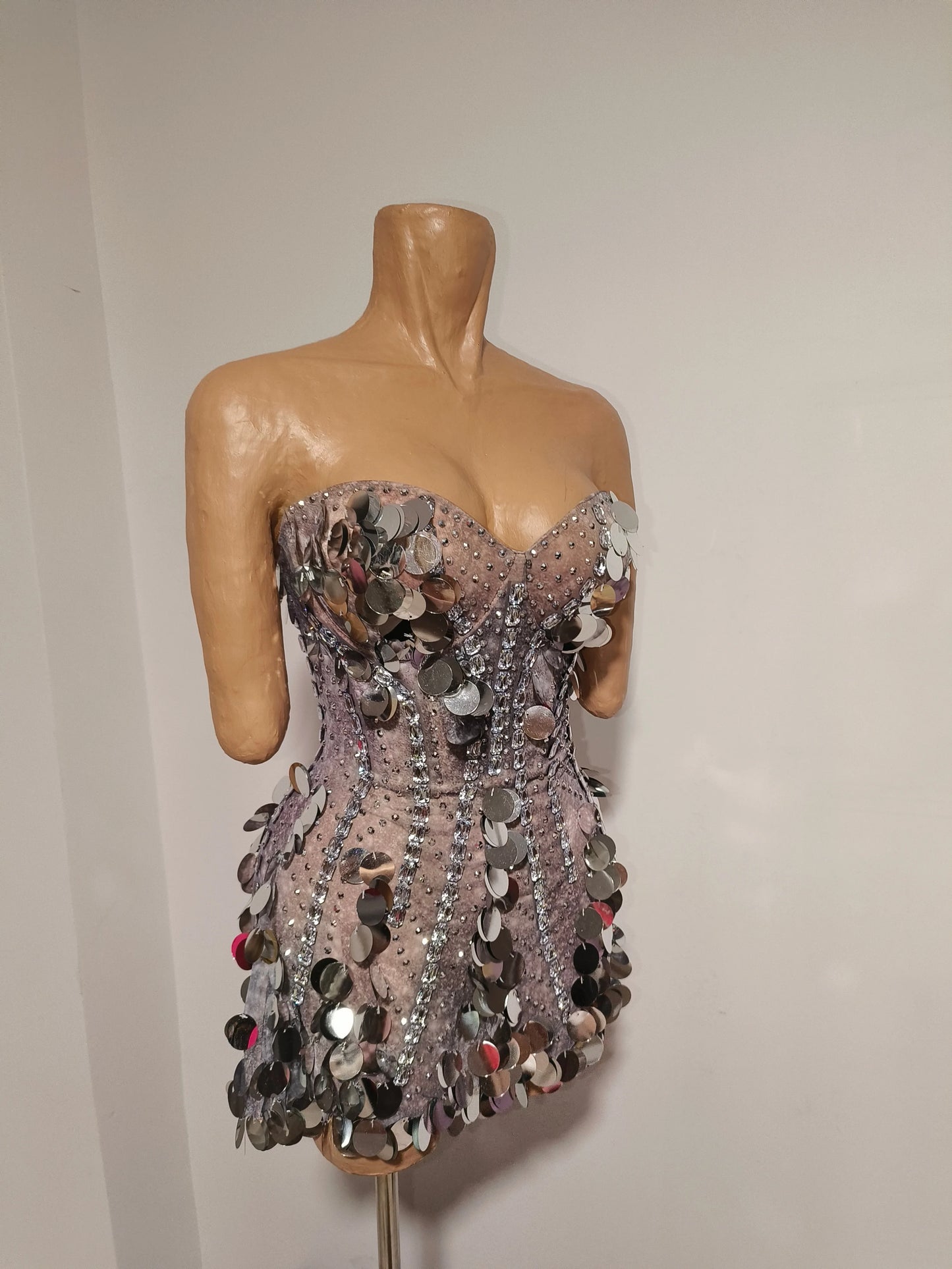 Sparkly Gold Rhinestone Sequins Sexy Strapless Mesh See Through Mini Dress Women Eveing Birthday Party Nightclub Stage Costume