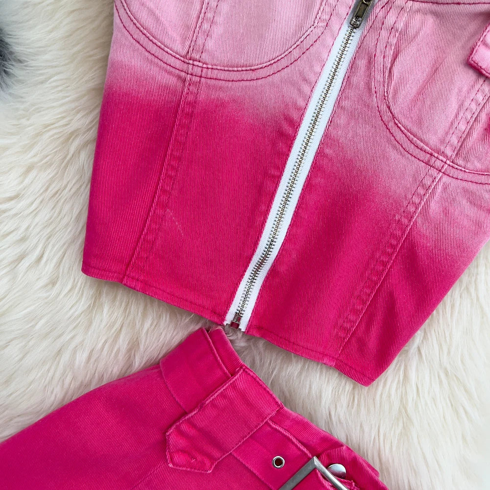 Pink Gradient Jeans Skirts Set Girl Fashion Denim Sleeveless Camisole Vest Top Two-piece Set Mini Bodycon Strap Skirt Summer