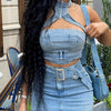 Denim Dress Sets Mini Wrap Buttocks Dress Slim Sheath Solid Two Pieces Sashes Sexy Pullover Tops Washed High Street Spliced