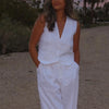 Clacive Summer White Linen Two Piece Set For Women 2023 Fashion Sleeveless Tank Top New In Matching High Waist Wide Pants Set