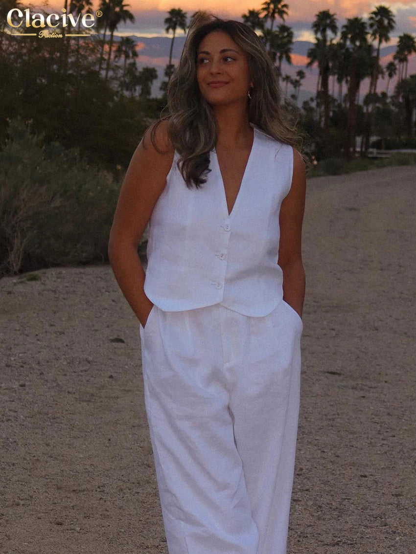 Clacive Summer White Linen Two Piece Set For Women 2023 Fashion Sleeveless Tank Top New In Matching High Waist Wide Pants Set