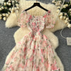 Elegant Slash Neck Vintage Short Puff Sleeve Chic Print Slim Chiffon Dresses French High Street Evening Autumn Mesh Clothing