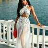 Sexy Polka Dot See through Beach Dress with Neck Hanging Long Polyester Blend Fabric Swimwear Cover up Irregular Hemline