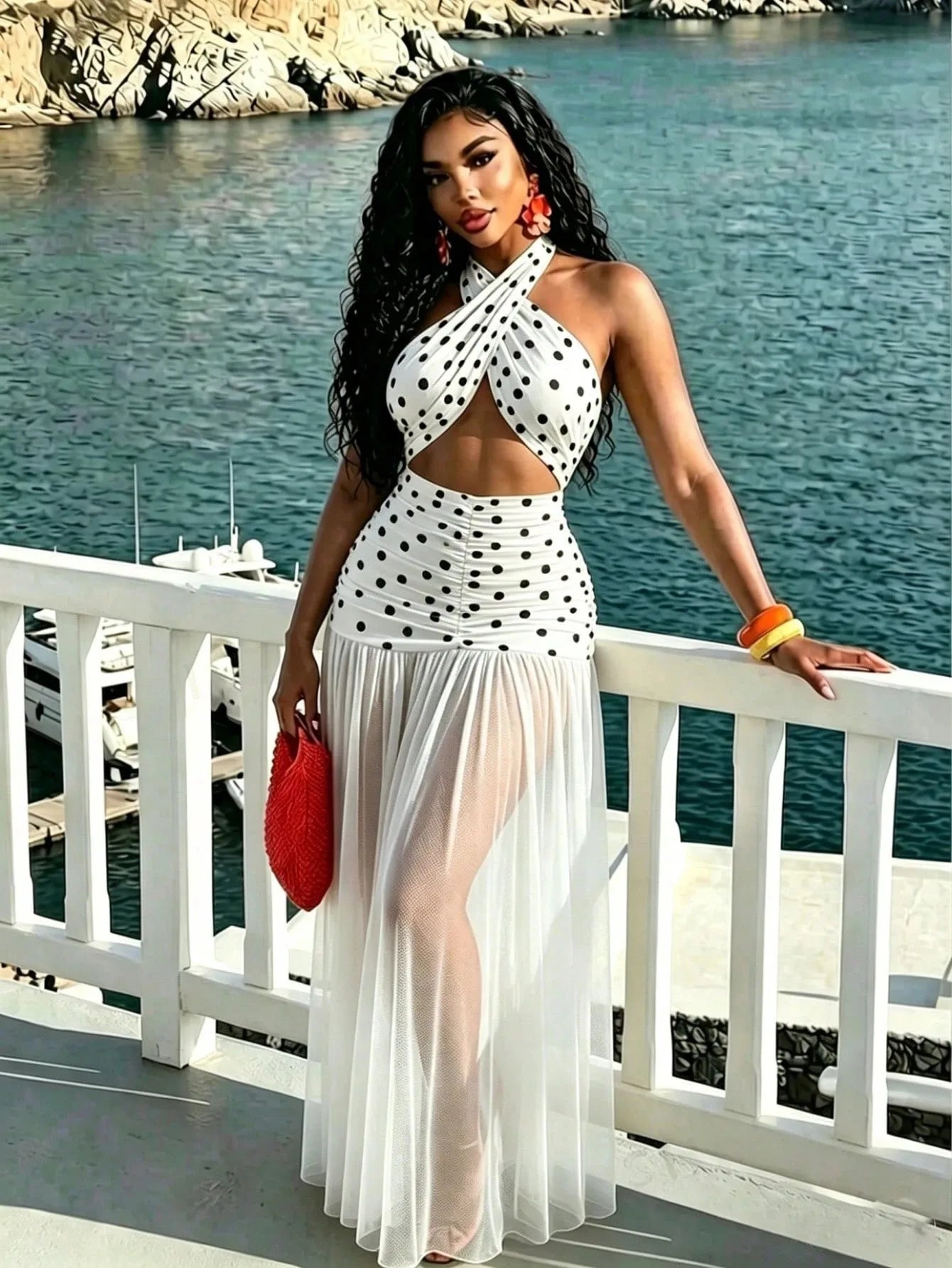 Sexy Polka Dot See through Beach Dress with Neck Hanging Long Polyester Blend Fabric Swimwear Cover up Irregular Hemline