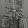 Y2k Mode Vintage Washed Jeans Set Damen schulterfreies bauchfreies Top Minirock Jeansanzug Sommer Streetwear 2 Zweiteiler Outfits