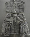 Y2k Fashion Vintage Washed Denim Set Women Off Shoulder Cropped Top Mini Skirt Jean Suit Summer Streetwear 2 Two Piece Outfits