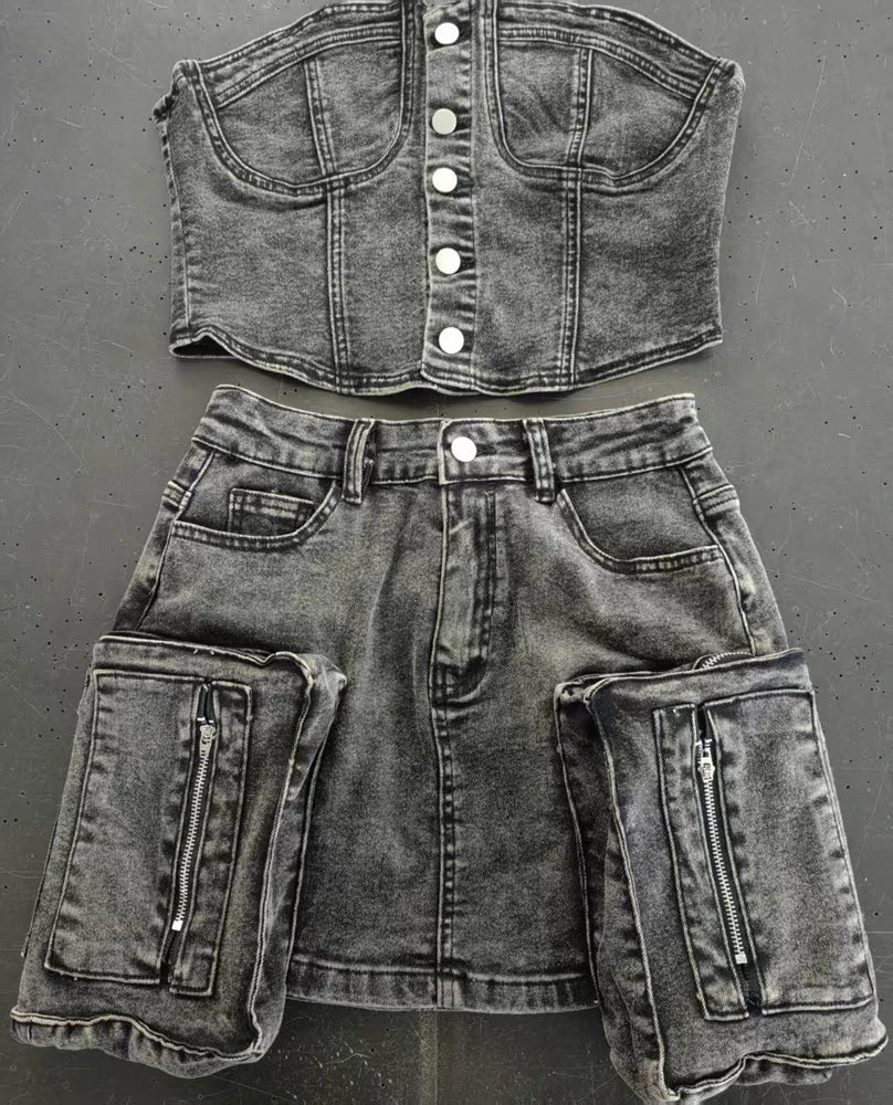 Y2k Mode Vintage Washed Jeans Set Damen schulterfreies bauchfreies Top Minirock Jeansanzug Sommer Streetwear 2 Zweiteiler Outfits