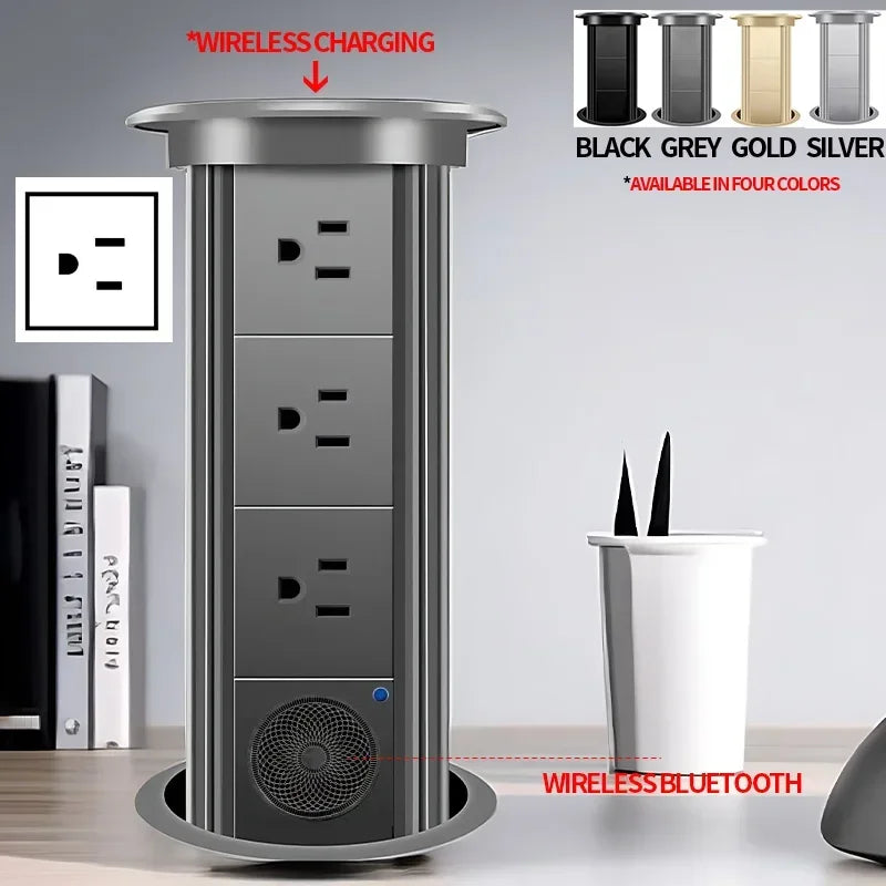 Motorized Lifting Pop Up Tower Power Outlet Hidden Mounted Kitchen Worktop USB Type C Socket with Speaker Wireless Charging