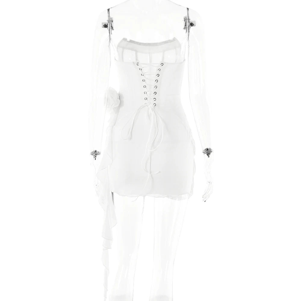 Articat Sexy Trägerloses Bandagenkleid, Zweilagiges Mesh-Patchwork, Damen, Transparent, Blumen-Bänder, Vestidos, Party, Clubwear