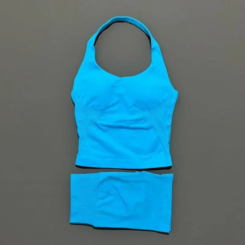 2 Pieces Sports Set Women Backless Halter Tops High Waist Seamless Hight Stretch Shorts Gym Suit Sportswear Workout Sets