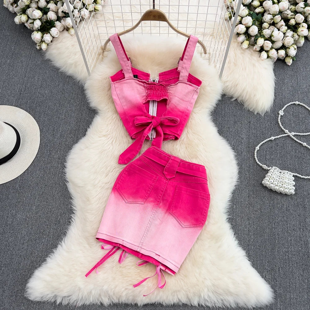 Pink Gradient Jeans Skirts Set Girl Fashion Denim Sleeveless Camisole Vest Top Two-piece Set Mini Bodycon Strap Skirt Summer