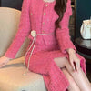 Modphy Autumn Fashion Rose Red Woolen Two Piece Set Women Golden Button Chain Belt Tweed Short Jacket Coat+Split Midi Skirt Suit