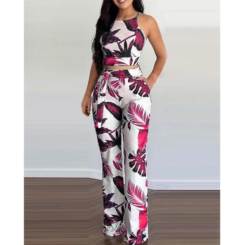 Summer Two Piece Set Women Fashion Short Print Sleeveless Vest High-waisted Wide-leg Pants Suit Two Piece Set Women Casual Suit