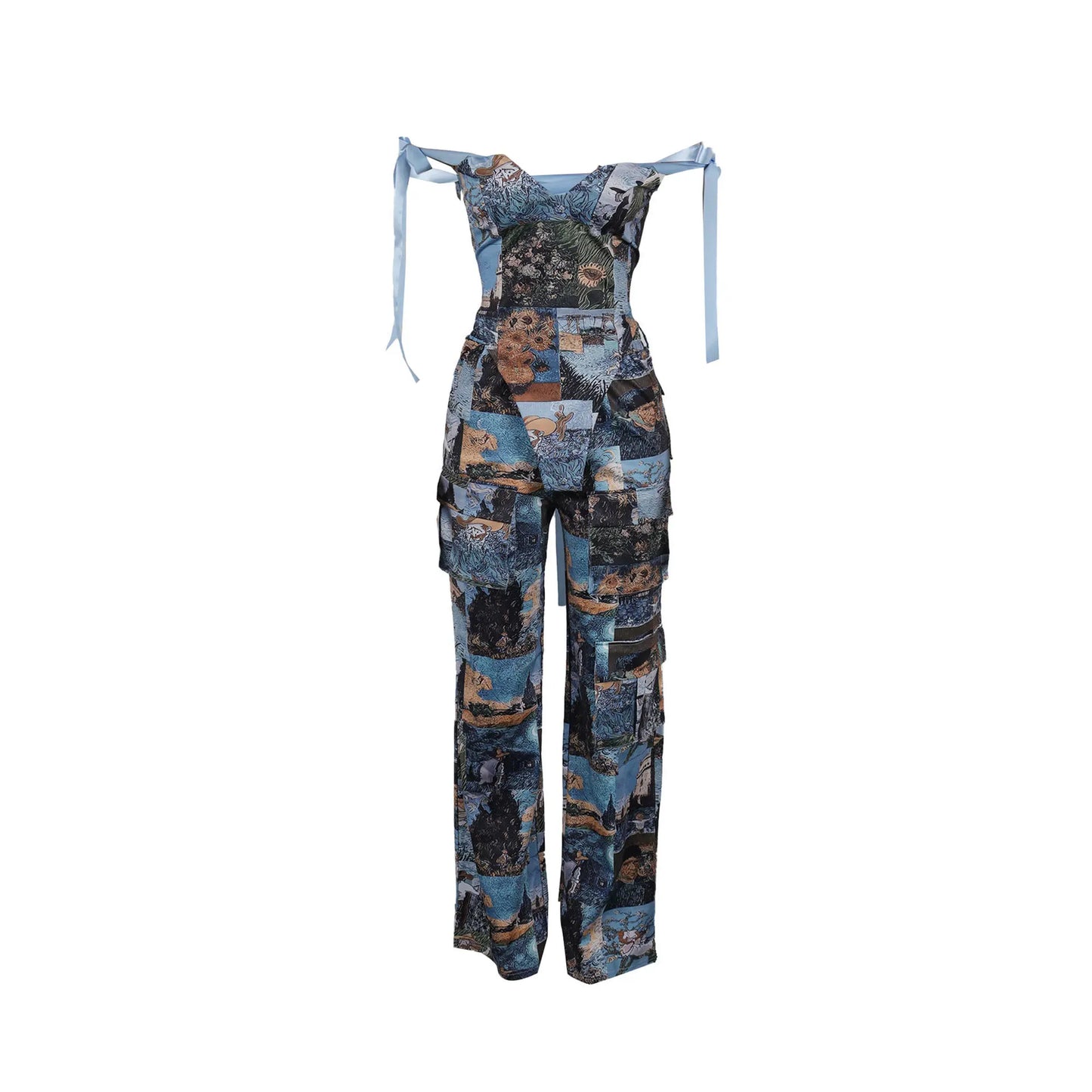 Two Pieces Women Pant Sets Print Matching Set Drawstring Pockets Sleeveless Top Elastic Waist Pants Slim Fit Casual 2026 Spring