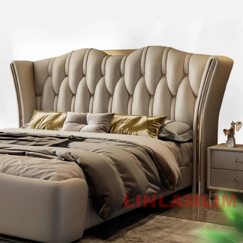 MINGDIBAO Luxuriöses, modernes Polsterbettgestell mit Goldakzenten, Designer-Bett aus echtem Leder, Schlafzimmermöbel in Queen-/King-Size