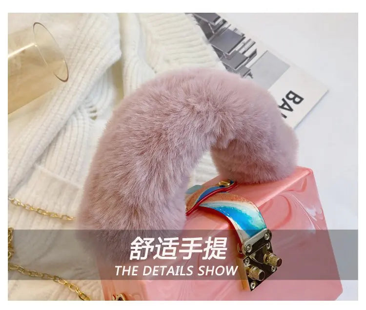 Faux Fur Top Handle Acrylic Party Box Clutch Fashion Purses and Handbags for Women Designer Evening Bag Chain Shoulder Bag