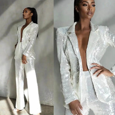 2 Pcs Women Suits Set For Custom Made Fashion Sequined Blazer Pant Wedding Tuexdos Formal Evening Party Prom Dress Outfit Jacket