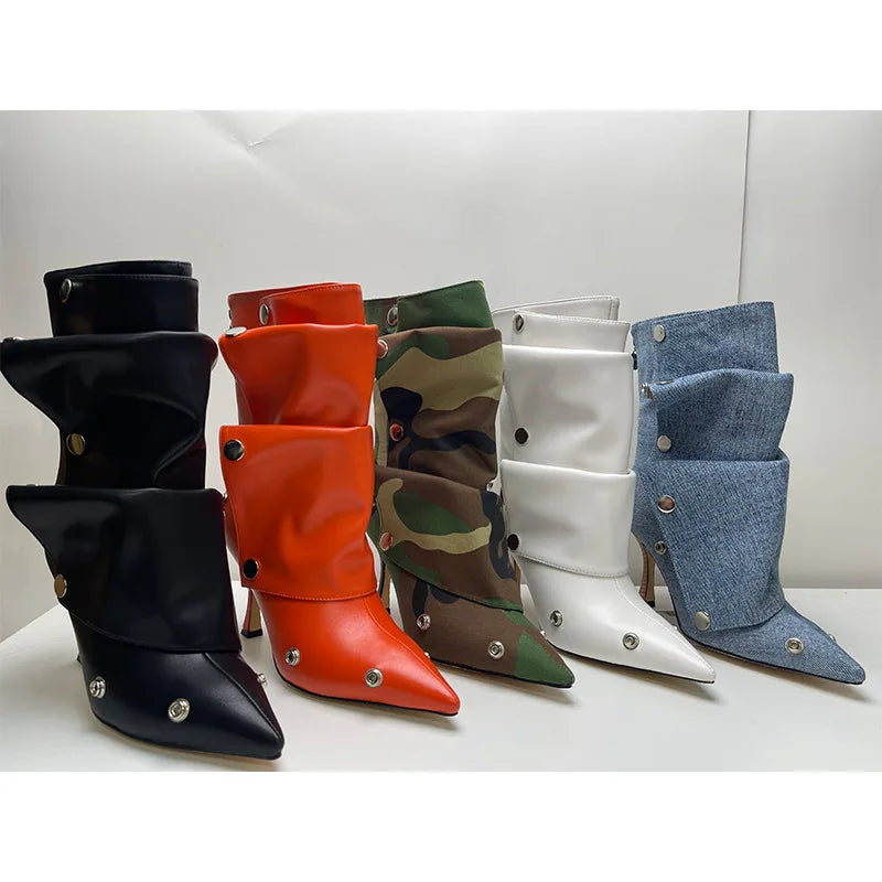 2025 Klassische Damenstiefel mit spitzer Zehe, ausgefallenen Absätzen, Nietenknopf und seitlichem Reißverschluss, einfarbig, hochhackige Schuhe, Botas Altas
