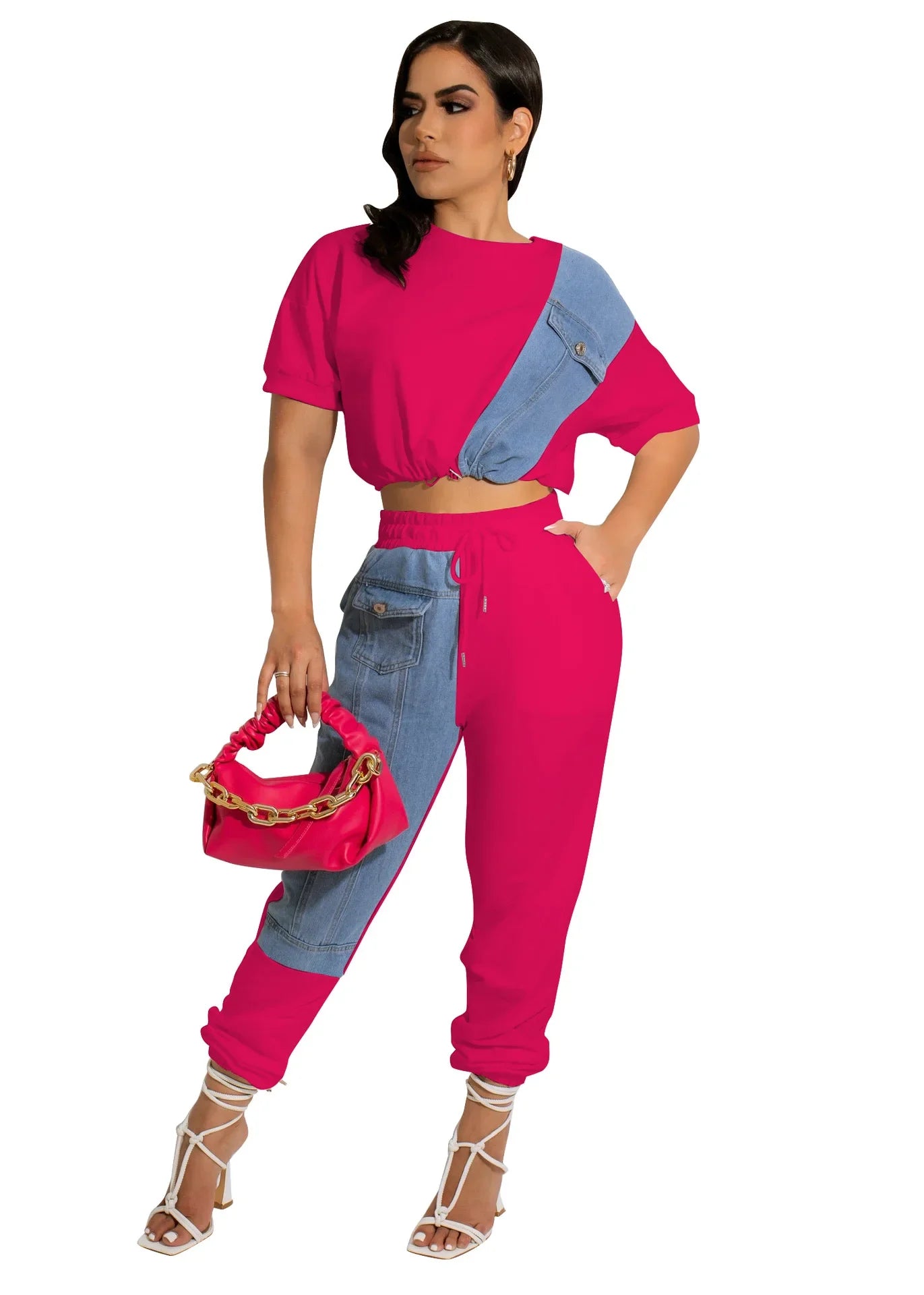 CM.YAYA Workout Denim Patchwork Women Two 2 Piece Set Outfit Sweatsuit 2022 T-shirt and Jogger Pants Matching Set Tracksuit