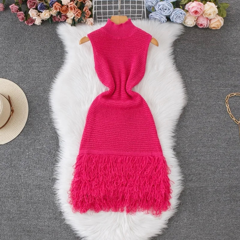Women's Solid Color Sleeveless Round Neck Slim Fitting Fringe Fur Dress for Summer 2025
