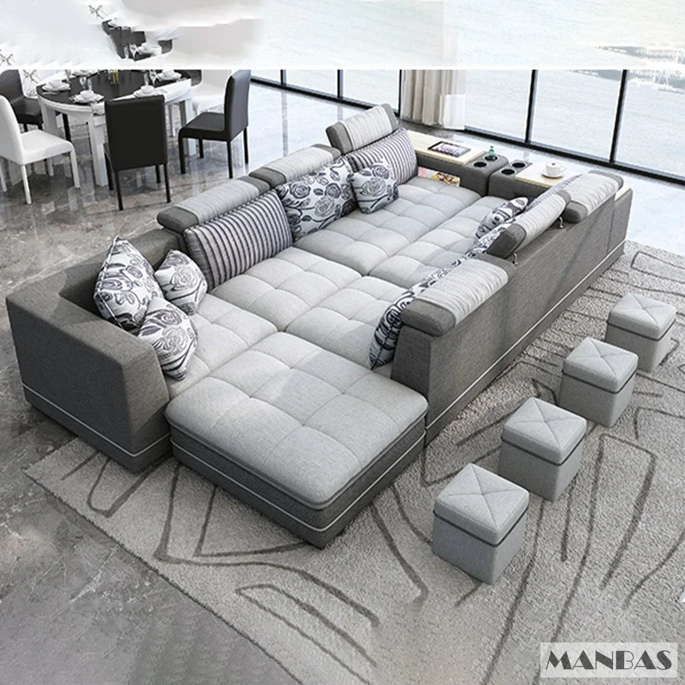 MINGDIBAO Nordische Stoff-Sofagarnitur mit Bluetooth-Lautsprecher & USB – Modernes Modulares Wohnzimmer-Sofa, Großes U-förmiges Ecksofa aus Stoff