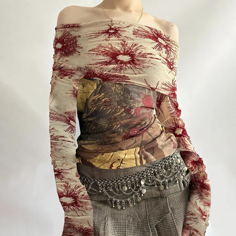 CIBBAR Vintage Mesh See Through Cropped Top y2k Aesthetic Floral Print Slash Neck Long Sleeve T-Shirts Women Retro Fashion Tees