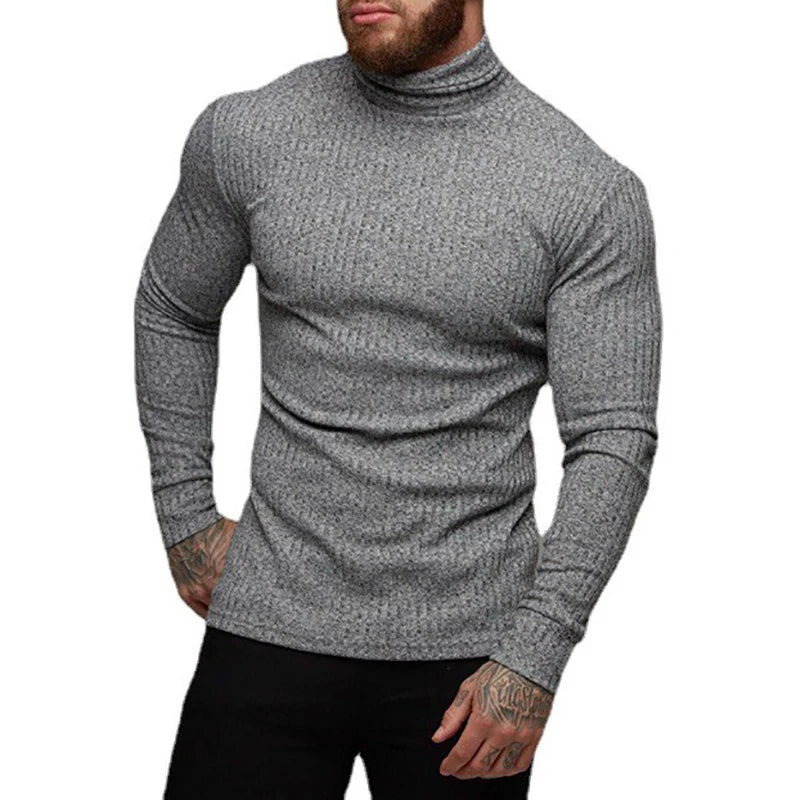 Spring Autumn Classic Black Ribbed Knit Roll Neck Jumper Mens New Fashion Slim Fit Thin Turtleneck Pullover Knitwear Sweaters