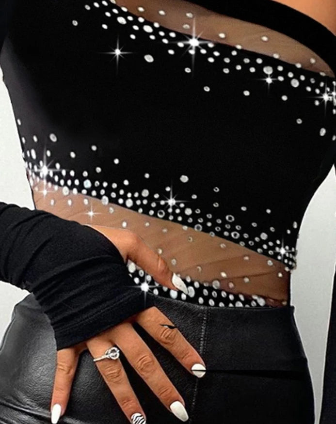Top Frauen 2025 Frühling Neue Mode Strass Bandeau Transparenter Mesh Slim Fit Langarmshirt Sexy Enges Alltags-T-Shirt Top