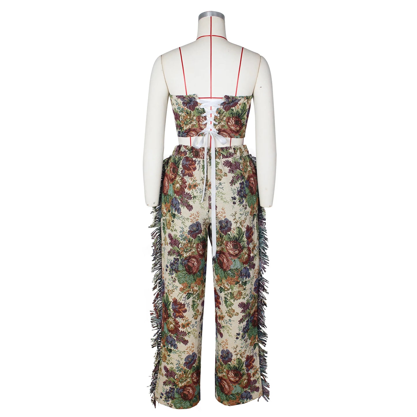 CM.YAYA Fashion Print Women's Set Strapless Top and Wide Leg tassel Pants Summer Cargo Street Two 2 Piece Set Outfit Tracksuit