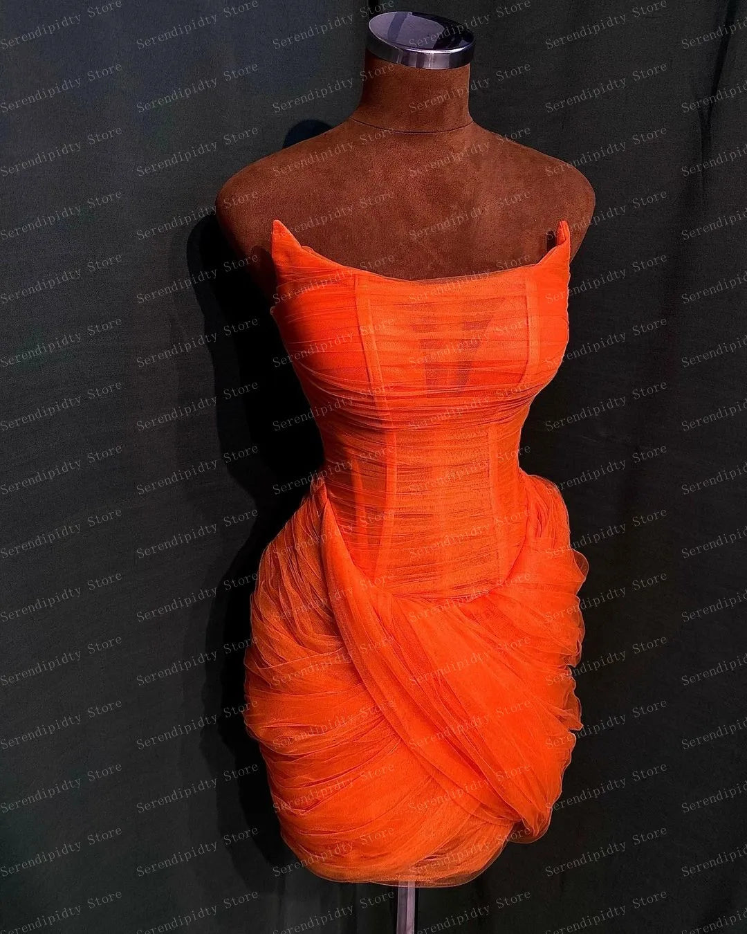 Strapless Orange Tulle Mini Length Bodycon Dress See Through Woman Clothes Custom Made Party Dresses Pretty Wedding Party Gown