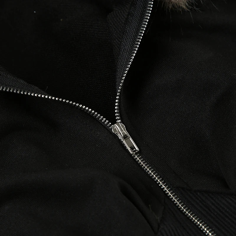 BIIKPIIK Pelzkragen Kapuzenmäntel für Damen Lässiger Reißverschluss Slim Hoodies Einfache All-match Schwarz Harajuku Mantel Herbst Winter Sweatshirts