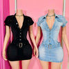 2025 Neues Jeanskleid Kurzarm Damen Schick Sexy Sommer Elegant Schmal Stretch Acid Wash Vintage Gürtel Jeans Bodycon Kleider