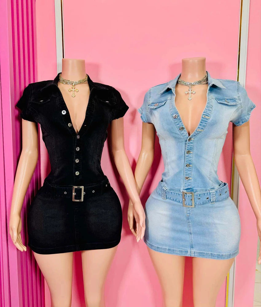 2025 Neues Jeanskleid Kurzarm Damen Schick Sexy Sommer Elegant Schmal Stretch Acid Wash Vintage Gürtel Jeans Bodycon Kleider