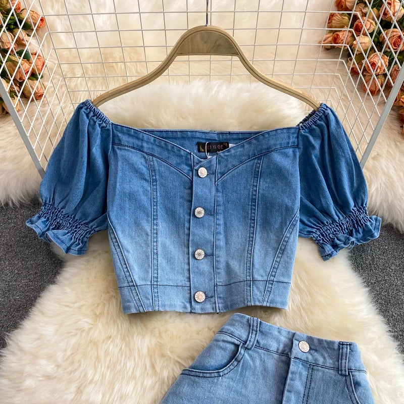 Women Denim 2 Piece Sets Long Skirt Top Suit Skirts Tops Single Breasted Outfits Washed Distressed 2025 Summer Casual Ensemble