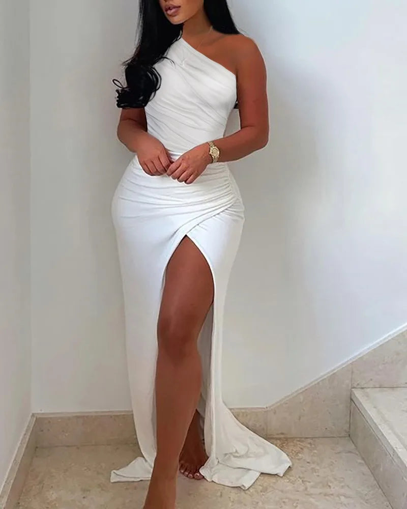 Sommerliches elegantes, unifarbenes Kleid mit hohem Beinschlitz, gerafftes Maxi-Bodenkleid, weißes sexy Korsett, asymmetrische Partykleider für Damen