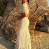Sexy White Lace Women Dress Turtleneck Tassel Sleeve Slim Naked Waist Hollow Out Long Dress Summer Beach Female Knit Robe