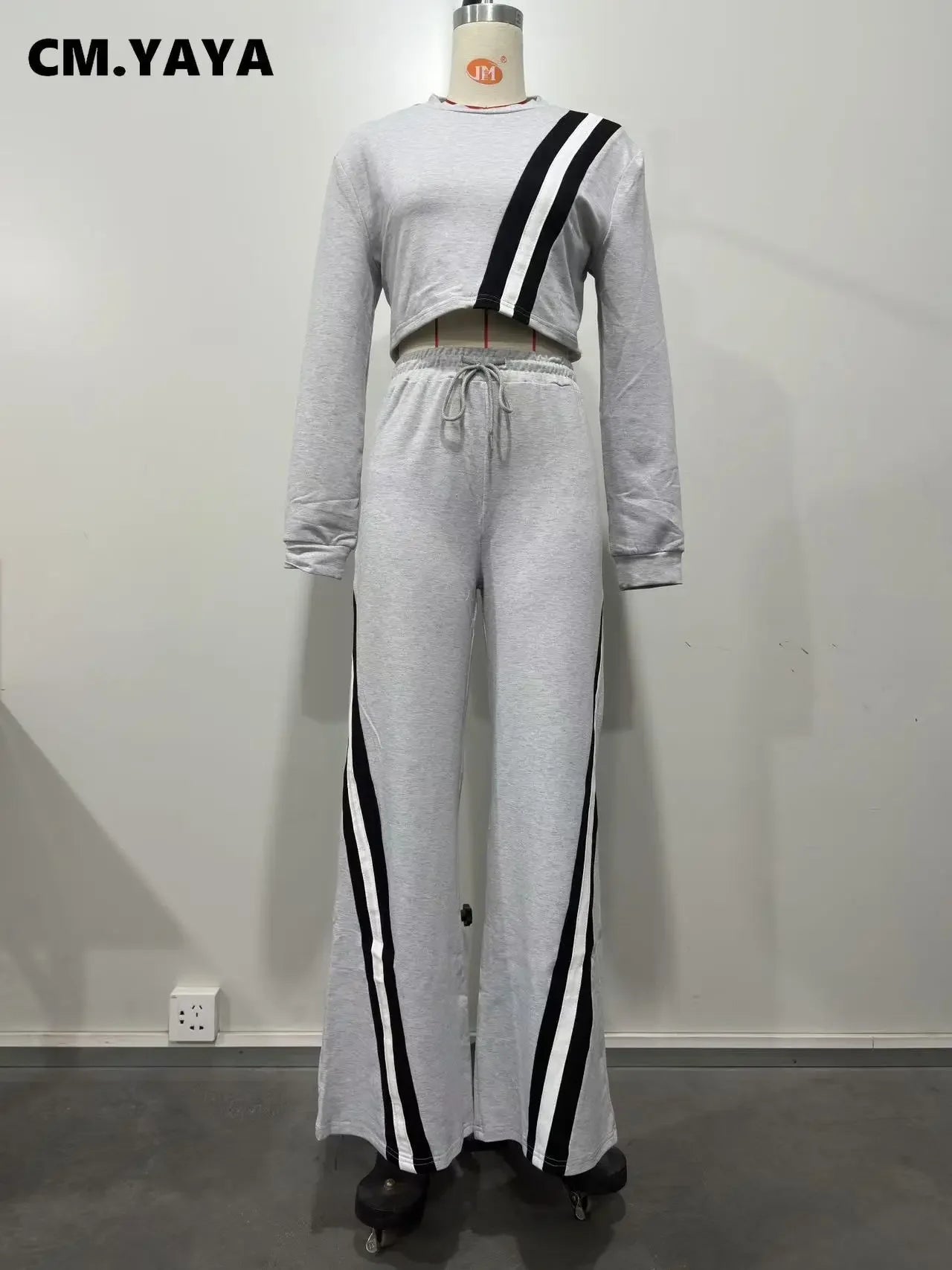 CM.YAYA Fashion Striped Splicing Women's Set Long Sleeve Sweatshirt and Sweat Pants Tracksuit 2024 Winter Two 2 Piece Set Outfit